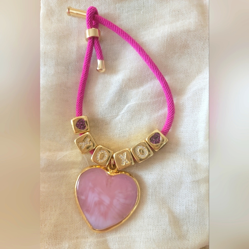 Pink Heart Crystal Charm Hot Pink Rope Bracelet